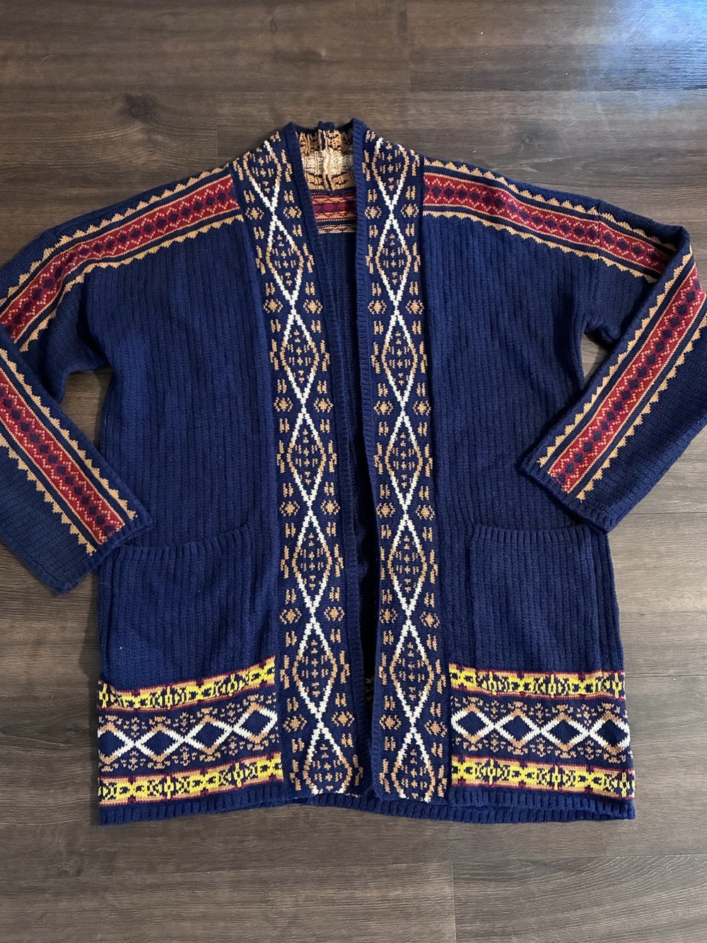 Lucky Brand Navy Open-Front Cardigan with Red and Yellow Accents